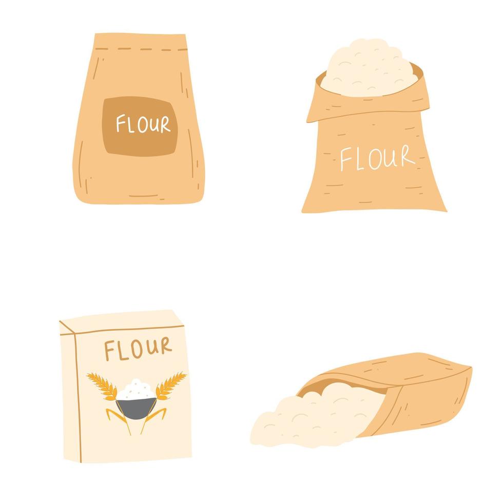 Set of burlap bags of flour in cartoon flat style. Vector illustration of sacks with wheat, farming food element