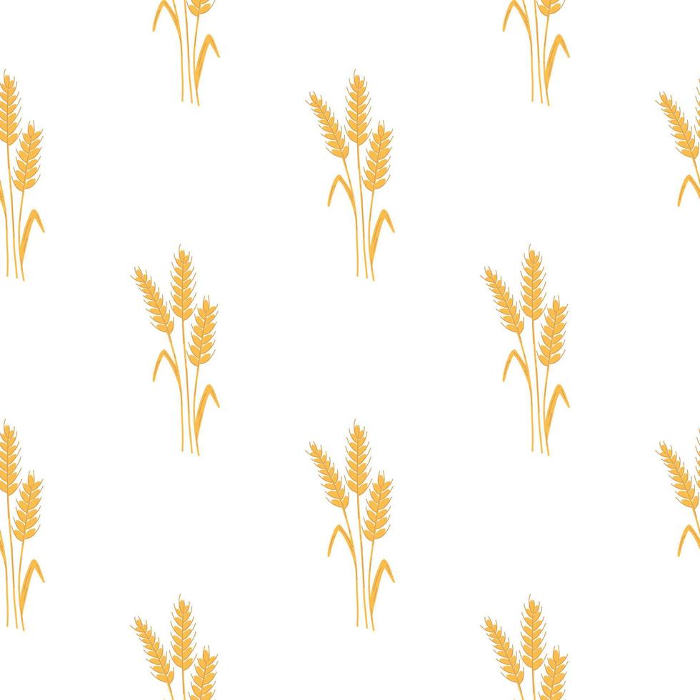 Seamless pattern with spikelets and grains of wheat on white background. Vector cartoon flat illustration for backery packaging, flour production, agriculture, harvest design