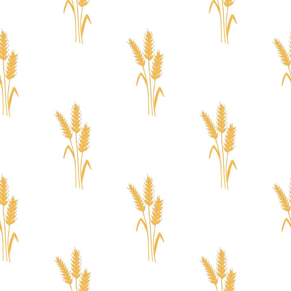 Seamless pattern with spikelets and grains of wheat on white background. Vector cartoon flat illustration for backery packaging, flour production, agriculture, harvest design