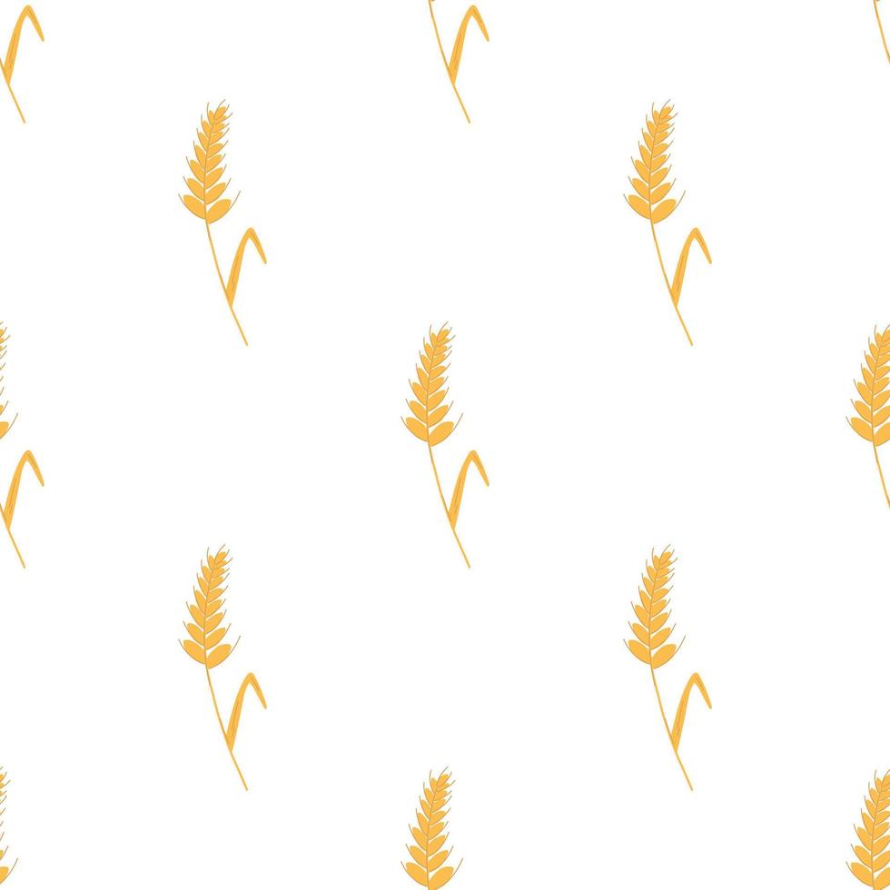 Seamless pattern with spikelets and grains of wheat on white background. Vector cartoon flat illustration for backery packaging, flour production, agriculture, harvest design