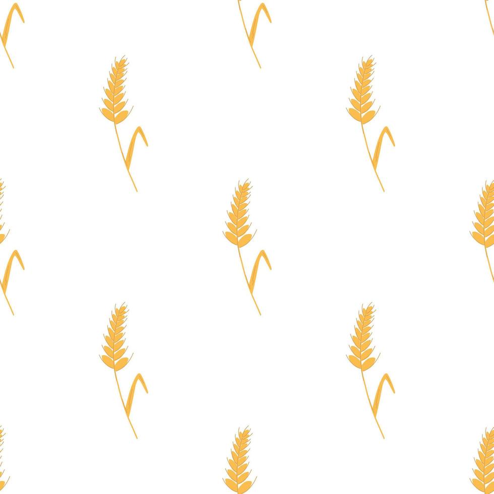 Seamless pattern with spikelets and grains of wheat on white background. Vector cartoon flat illustration for backery packaging, flour production, agriculture, harvest design