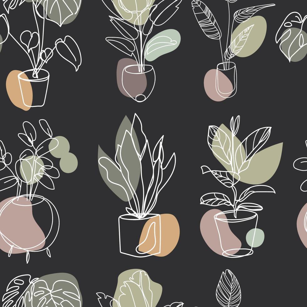 Home potted plants seamless pattern vector illustration.Indoor flowers.Pattern in earthy and natural colors in boho style.Hand drawn different houseplant seamless background