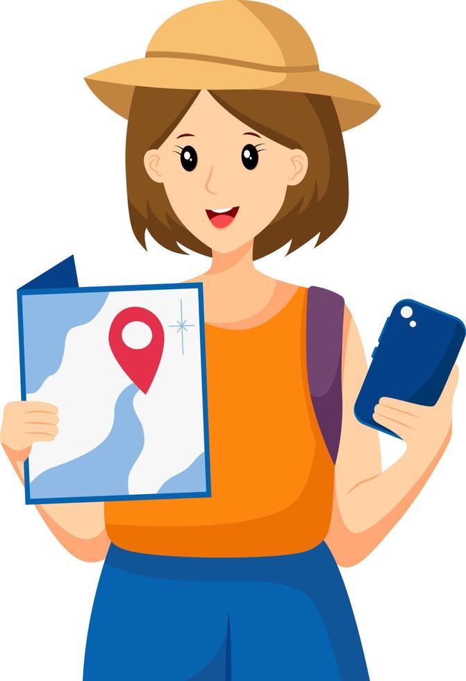 Girl Traveling Looking at the Map Character Design Illustration vector
