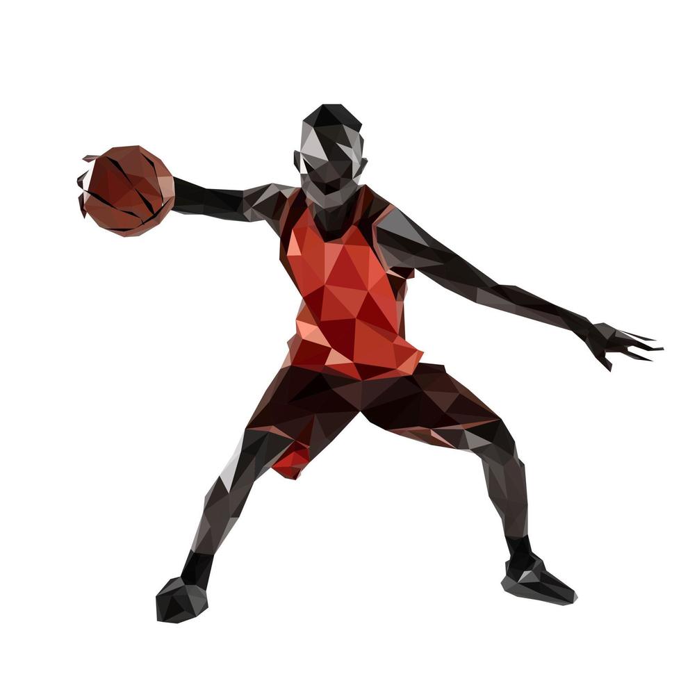 jugador de baloncesto profesional en ropa deportiva con acción de bola en movimiento low poly vector