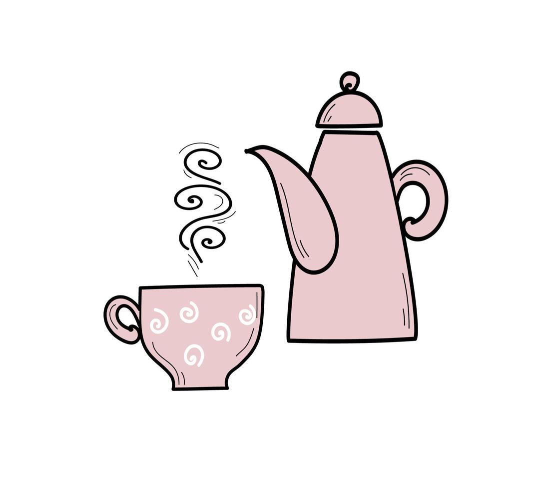 coffee pot cup with hot coffee, vector illustration in doodle style