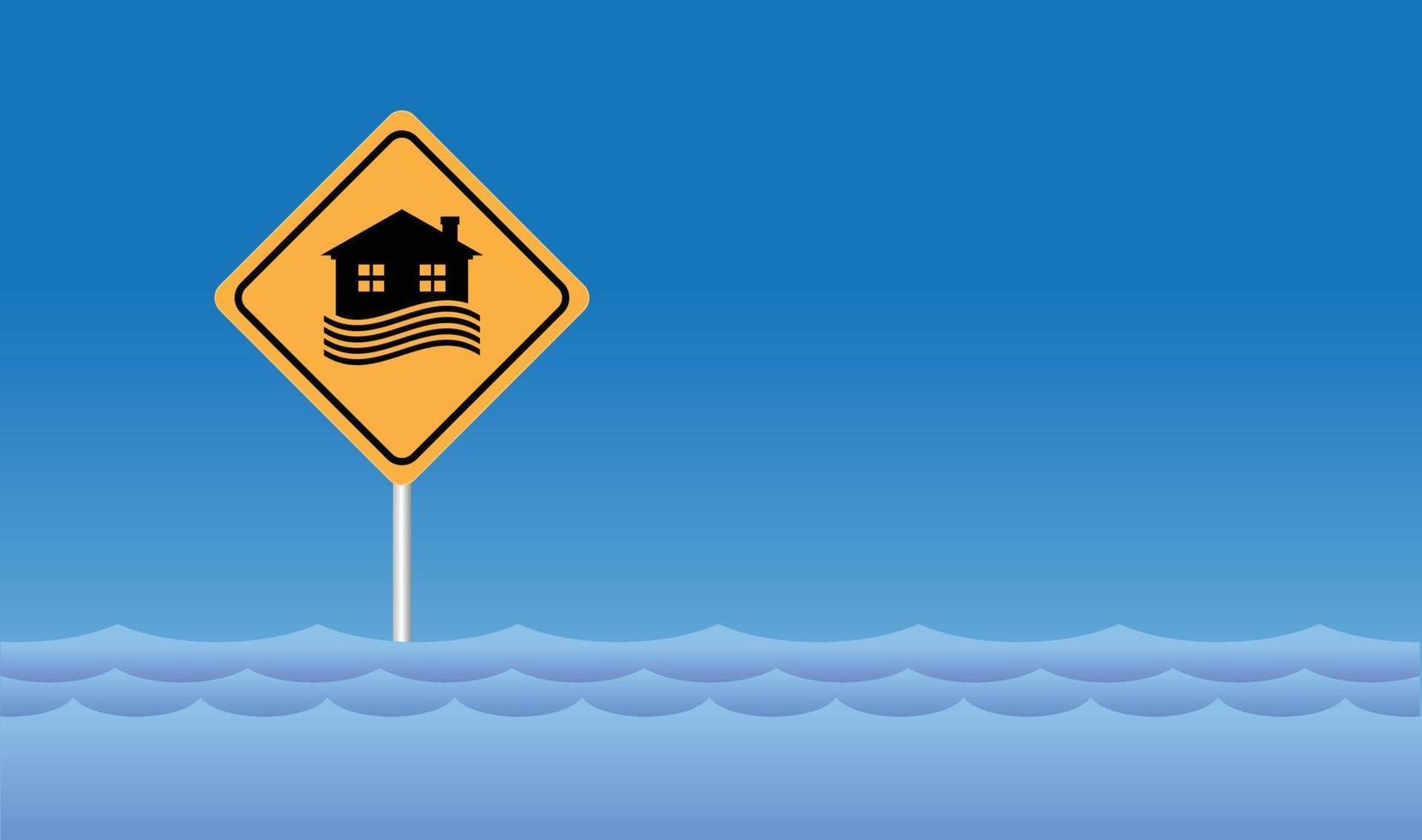 Flood area sign, natural disaster with house, heavy rain and storm , damage with home, clouds and rain, flooding water in city, Flooded house. vector