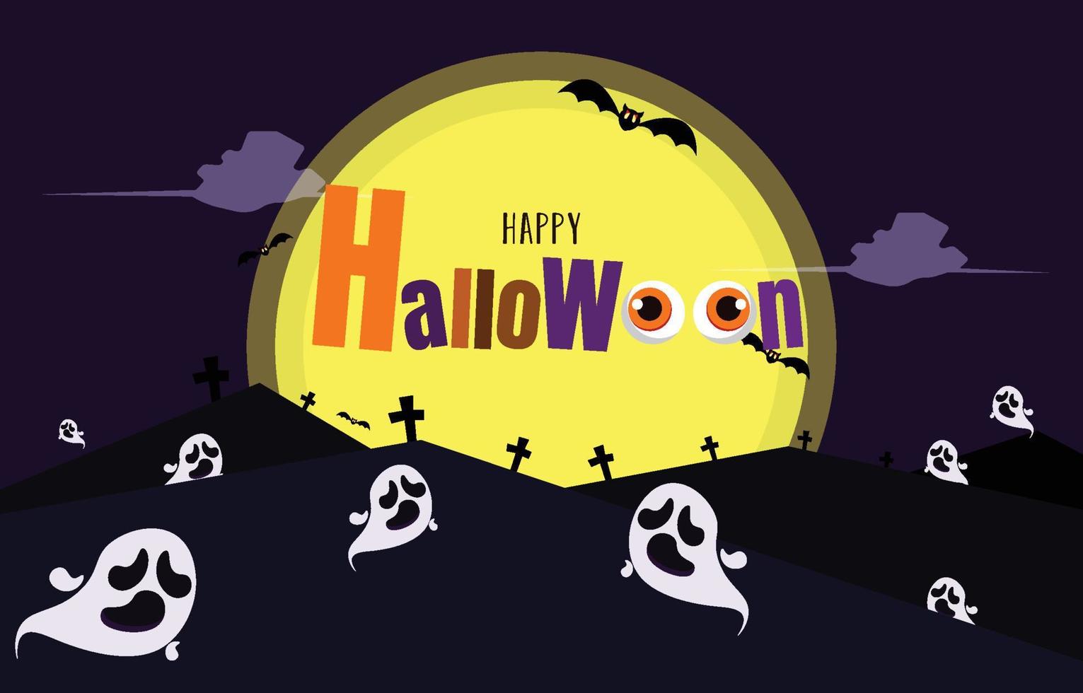 Halloween greeting card. Art letters decorated with cemetery and spirits at night. ghosts and bats in moonnight. Invitation card idea or gift giving. vector illustration background