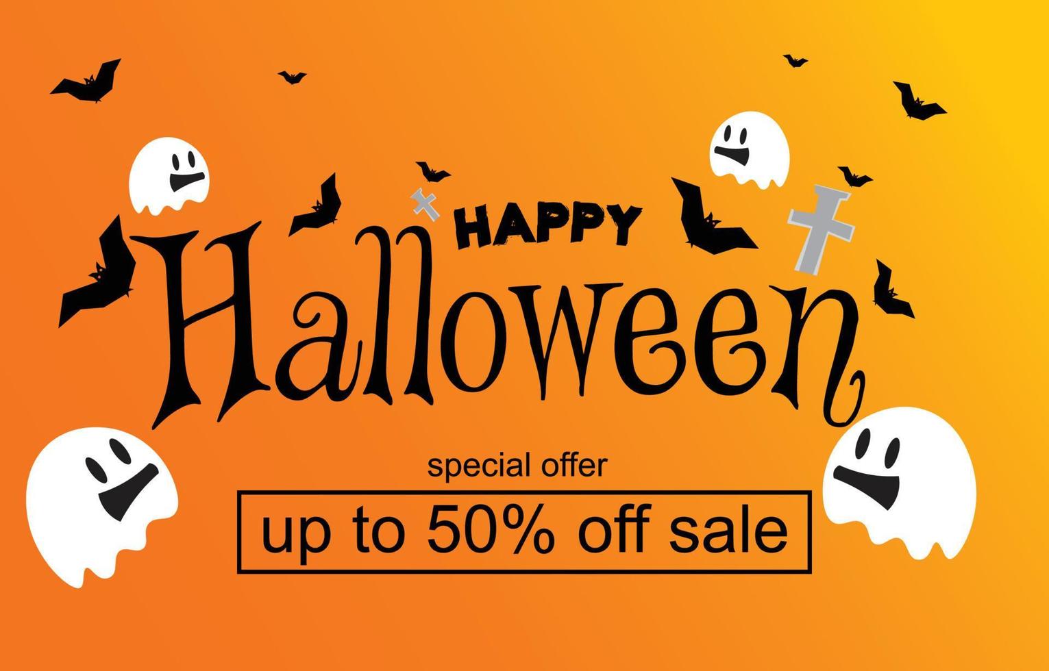 fondo de halloween ofertas especiales y descuentos en compras. banner horizontal de venta de halloween. ilustración vectorial promoción de vacaciones decorada con fantasmas y murciélagos de dibujos animados. vector