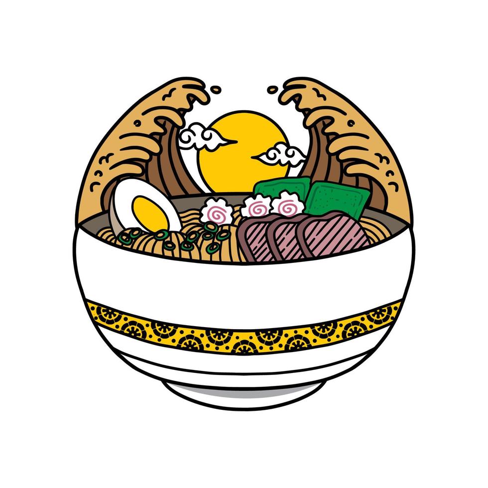 Japanese ramen noodles soup bowl vector icon illustration with vintage retro flat style. Asian Japanese traditional food cuisine. Clip art, t-shirt, menu, poster, print, banner