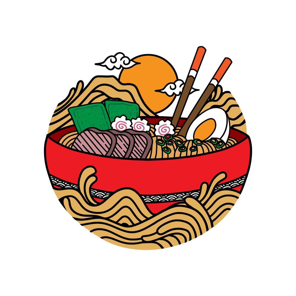 ilustración de icono de vector de tazón de sopa de fideos ramen japonés con estilo plano retro vintage. cocina de comida tradicional japonesa asiática. imágenes prediseñadas, camiseta, menú, póster, impresión, pancarta