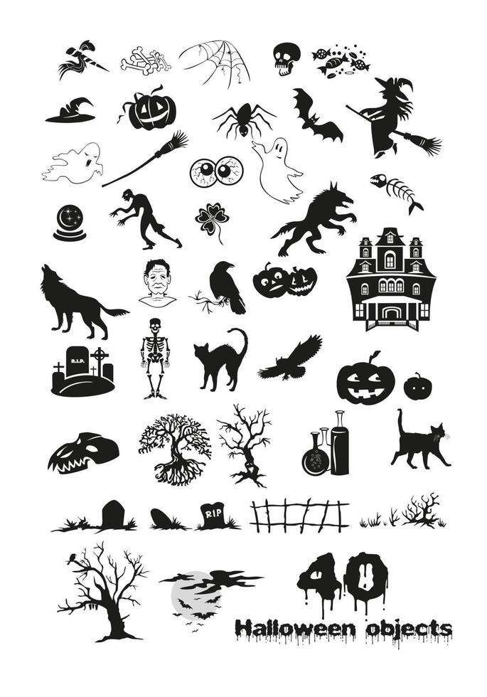 40 Halloween objects vector