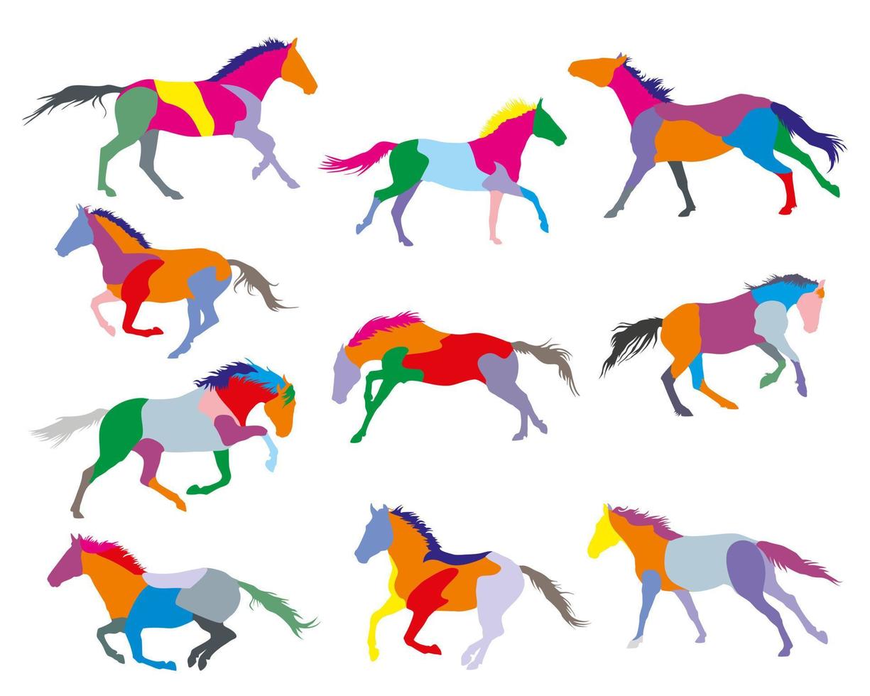 Set of vector horses colorful silouettes