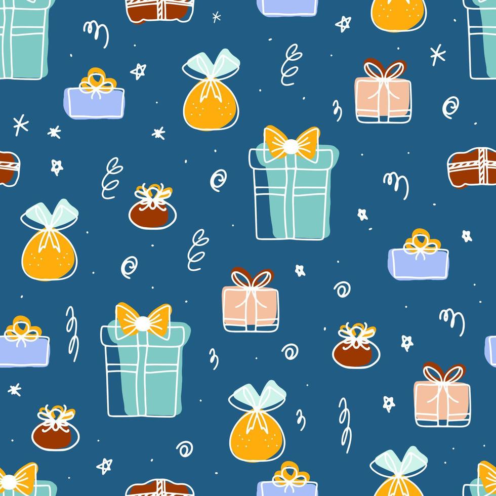 Set of decorative gift boxes in a linear style with bright vector spots, Doodles. Set of colorful boxes with surprises. Christmas cute gifts. seamless pattern for wrapping paper, scrapbooking and more