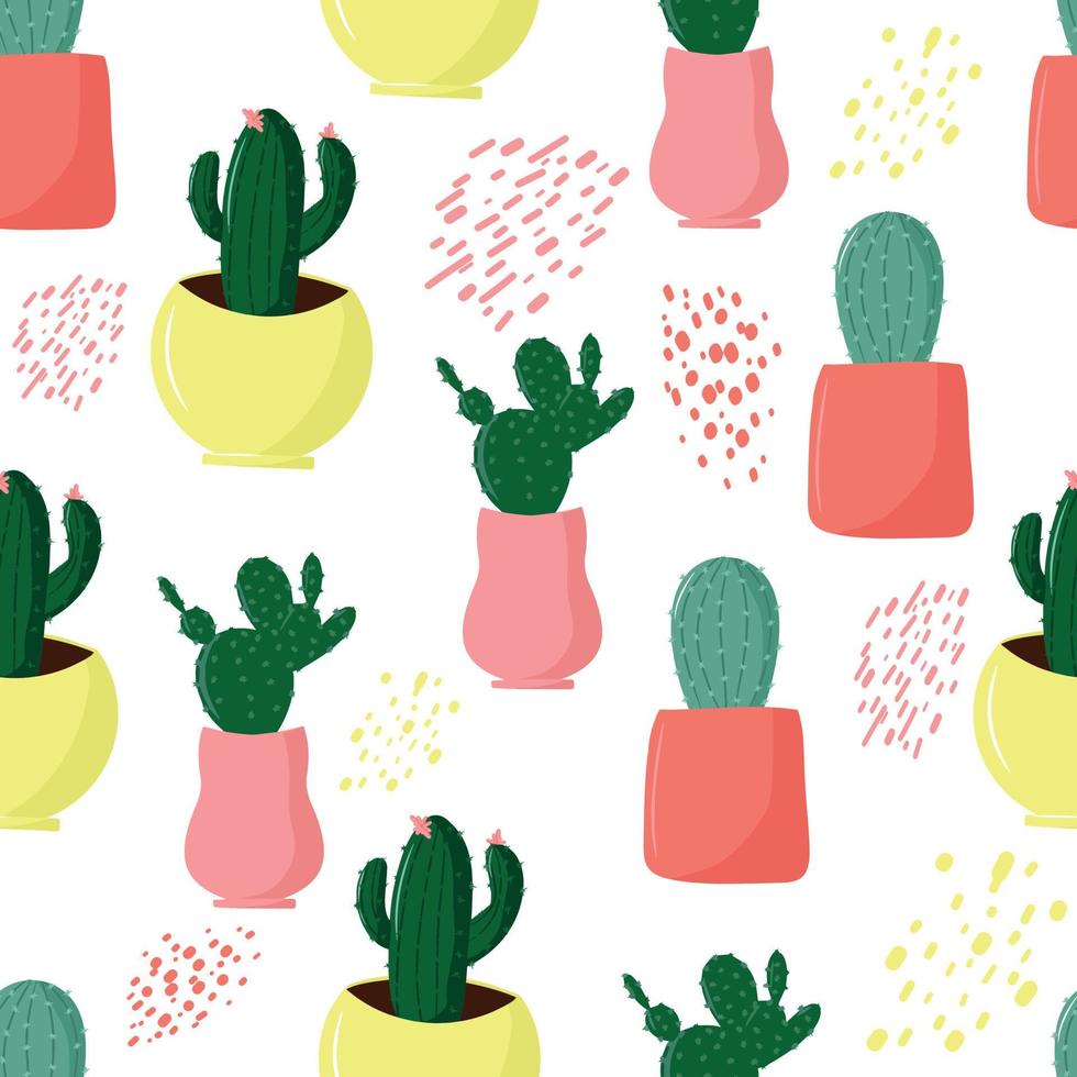 patrón impecable con cactus, patrón con cactus y palos, tema de verano, lindos cactus en macetas, estilo de dibujo lindo y de dibujos animados, colores pastel suaves, ilustración vectorial con plantas caseras vector