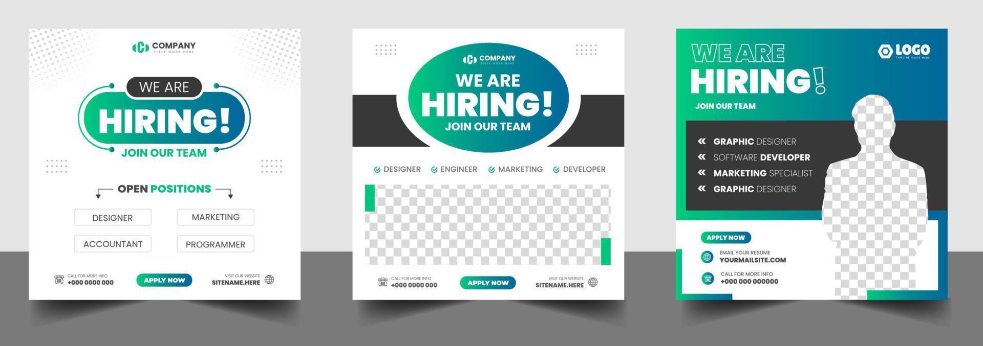 We are hiring job vacancy social media post banner design template with green color. We are hiring job vacancy square web banner design. vector