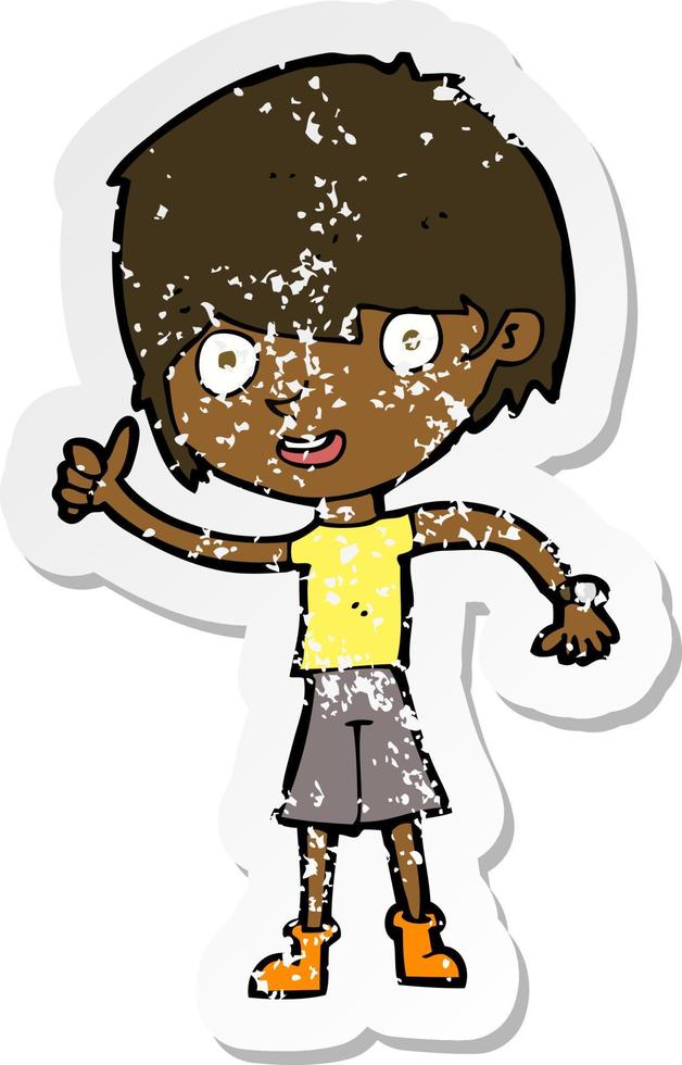 retro distressed sticker of a cartoon boy with positive attitude vector