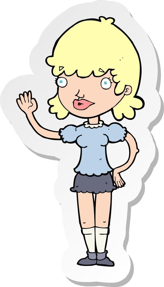 sticker of a cartoon waving woman vector