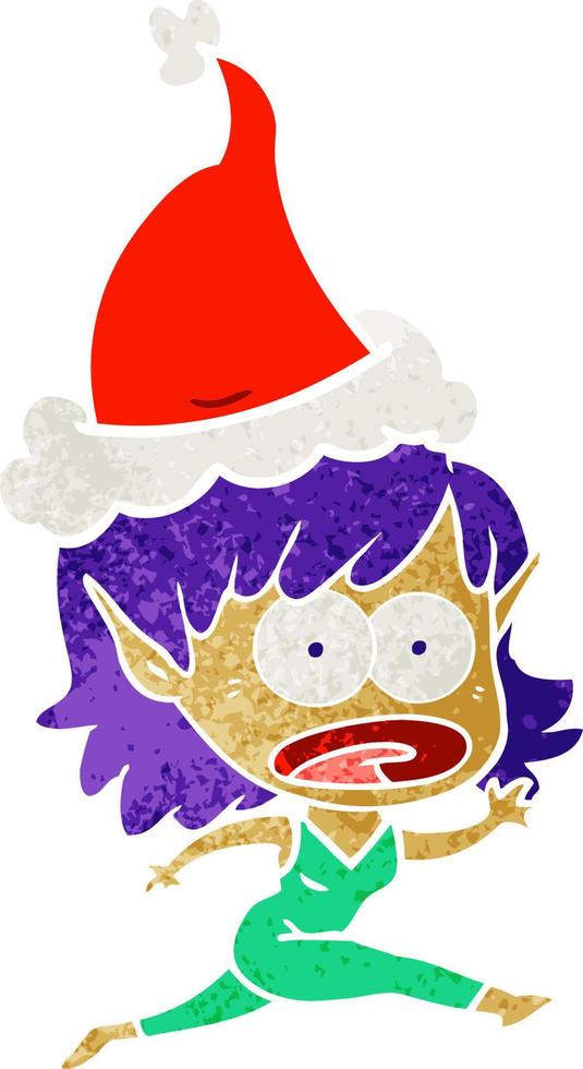 retro cartoon of a shocked elf girl wearing santa hat vector