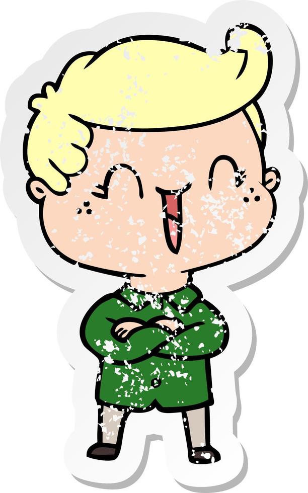 distressed sticker of a cartoon laughing boy crossing arms vector