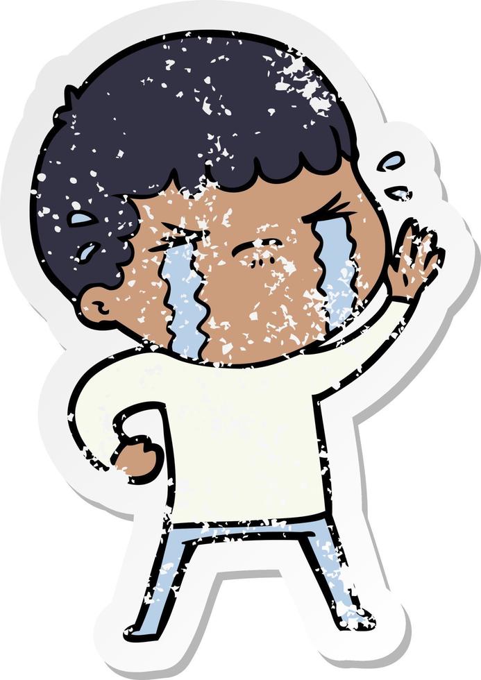 distressed sticker of a cartoon man crying vector