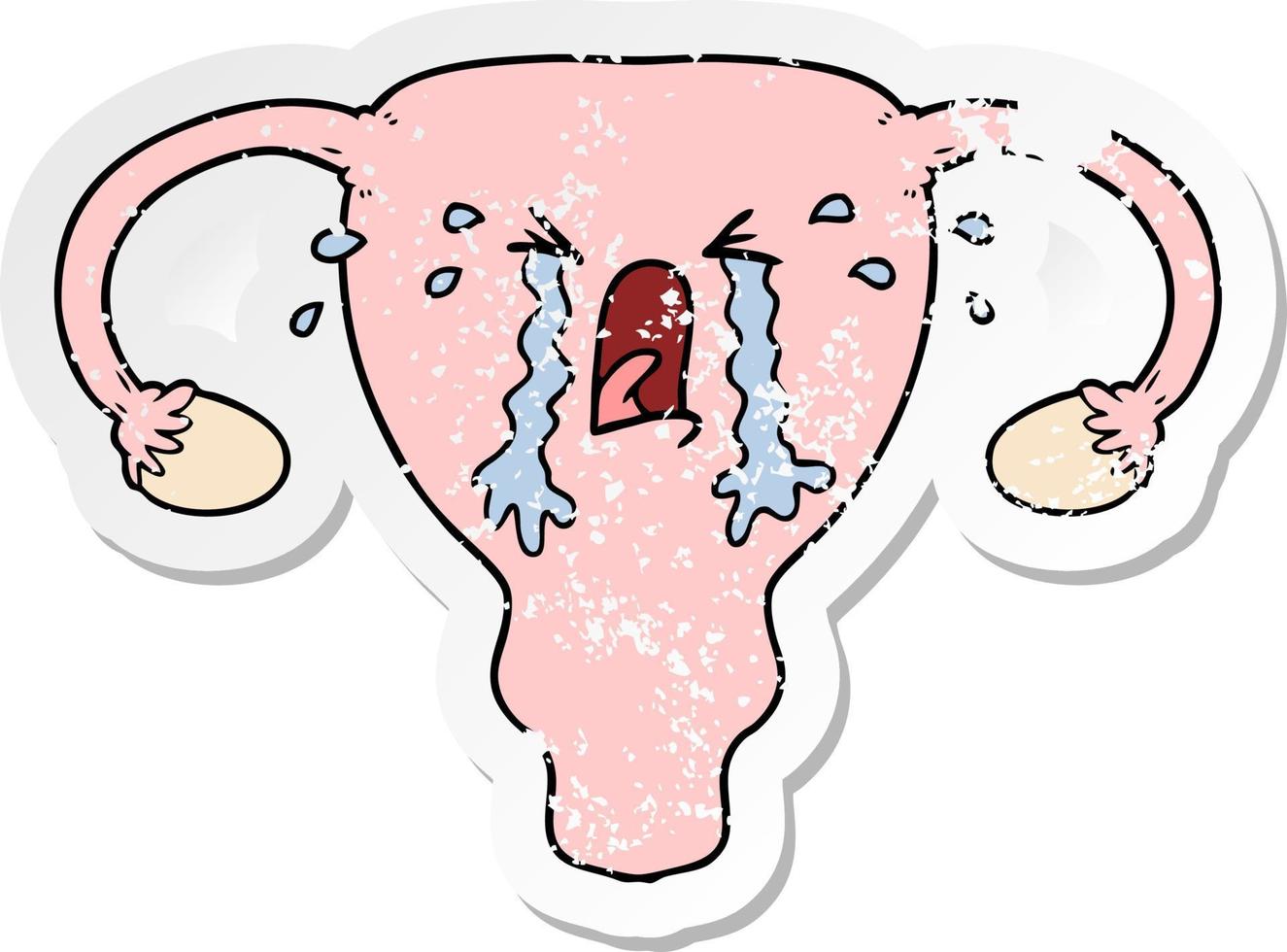 distressed sticker of a cartoon uterus crying vector