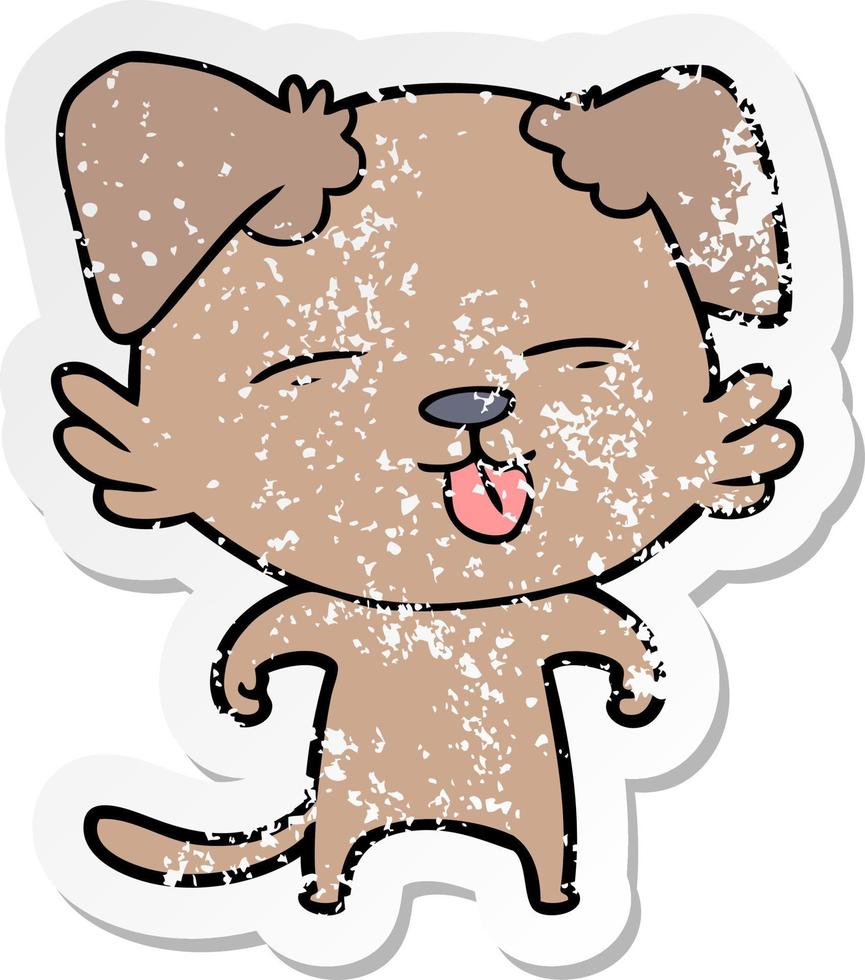 distressed sticker of a cartoon dog sticking out tongue vector