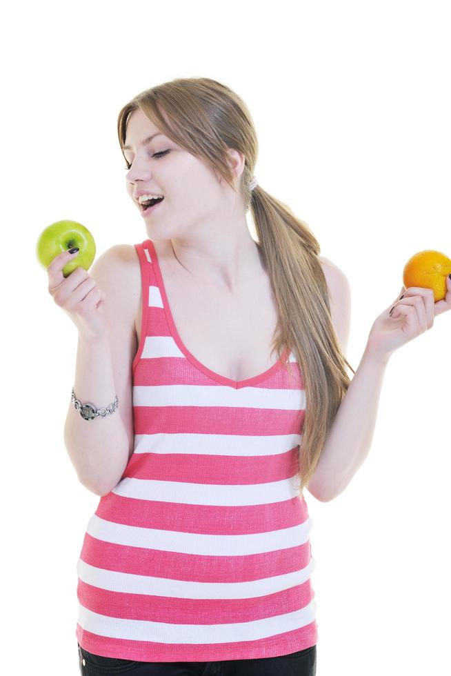 happy  young  woman eat apple isolated  on white photo