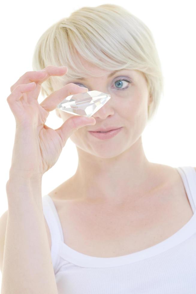 Beautiful blonde woman hold diamond photo