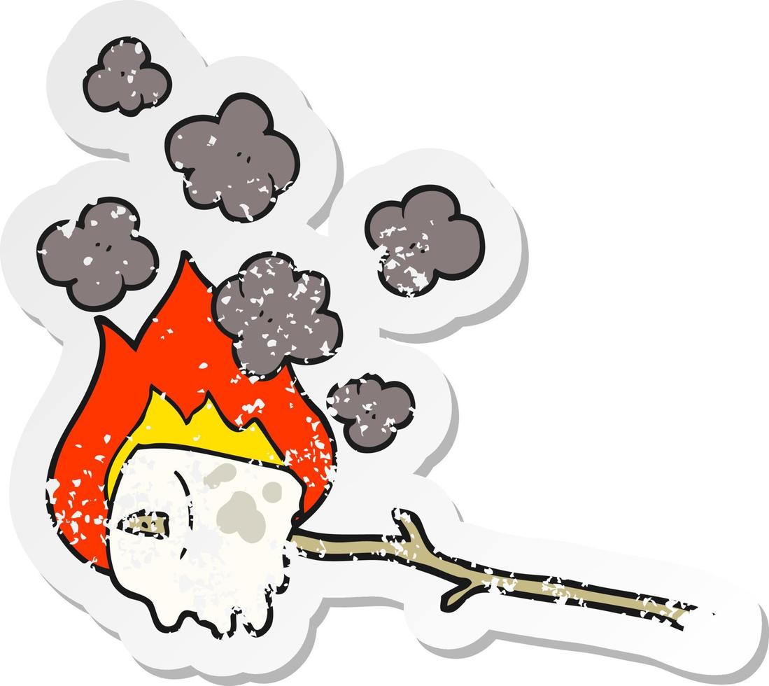 retro distressed sticker of a cartoon burning marshmallow vector