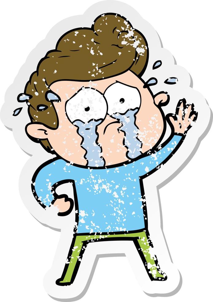 distressed sticker of a cartoon crying man waving vector