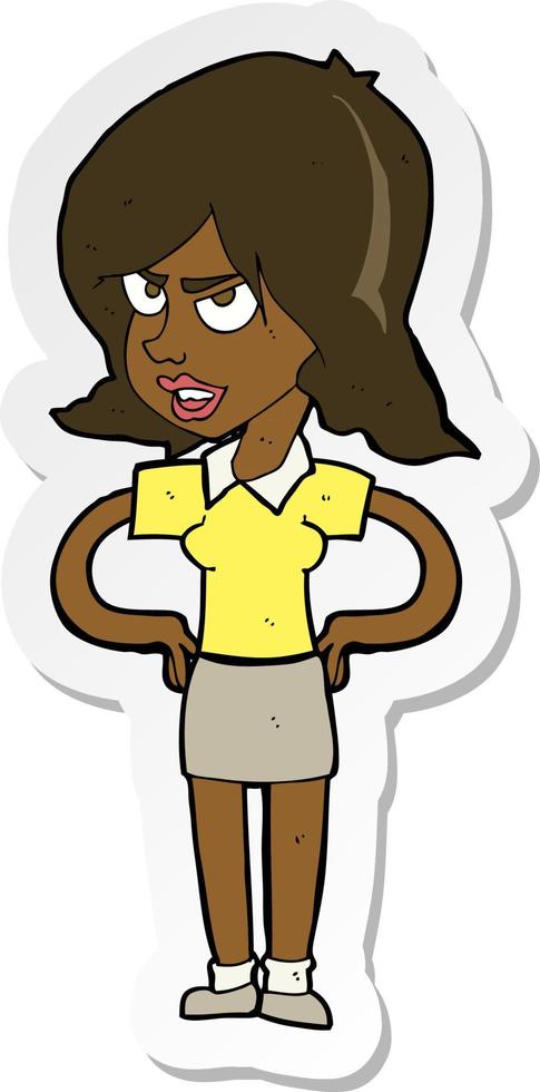 sticker of a cartoon annoyed woman with hands on hips vector