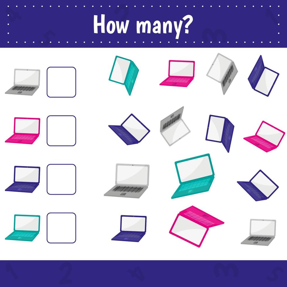 How many laptops are there. Count the number and write. Math worksheet for kids. vector