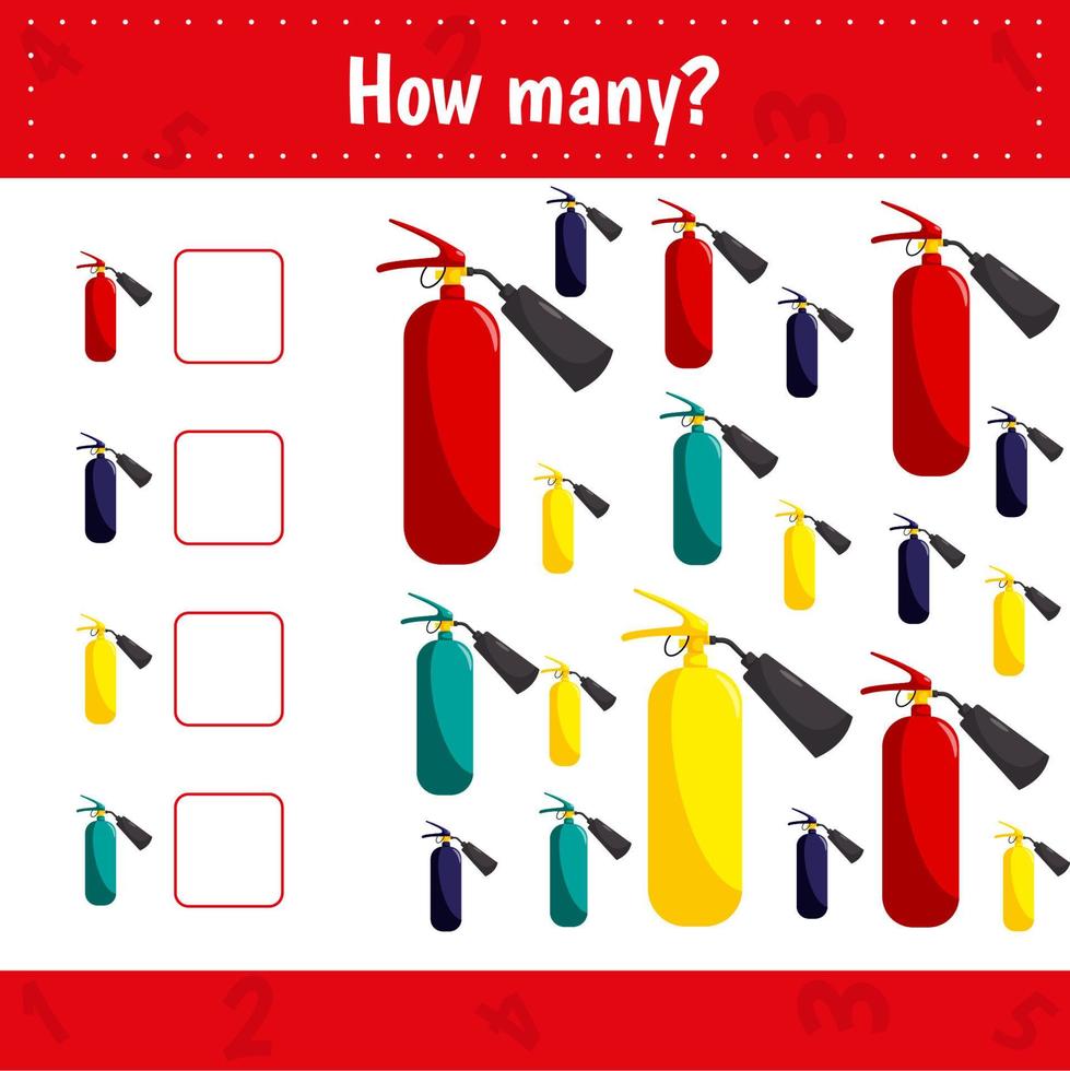 How many fire extinguishers are there. Count the number and write. Math worksheet for kids. vector