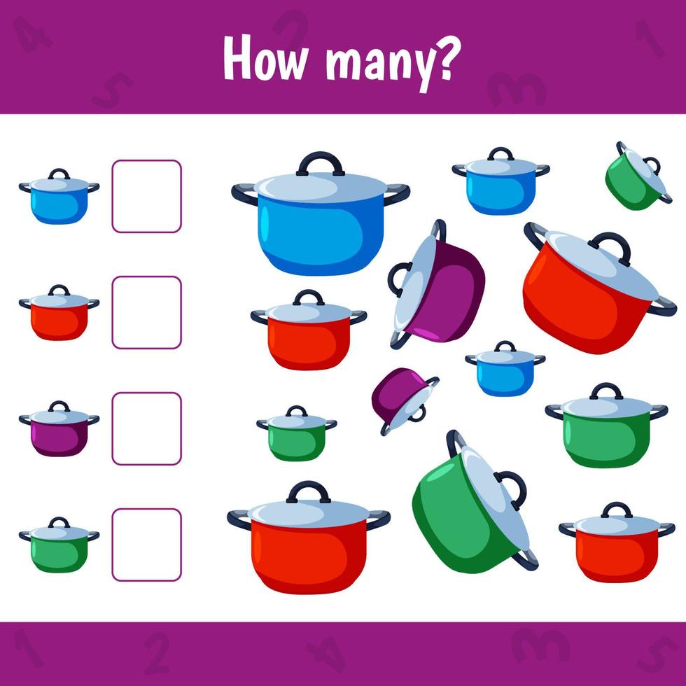 How many saucepans are there. Count the number of kitchen utensil and write. Math worksheet for kids. vector