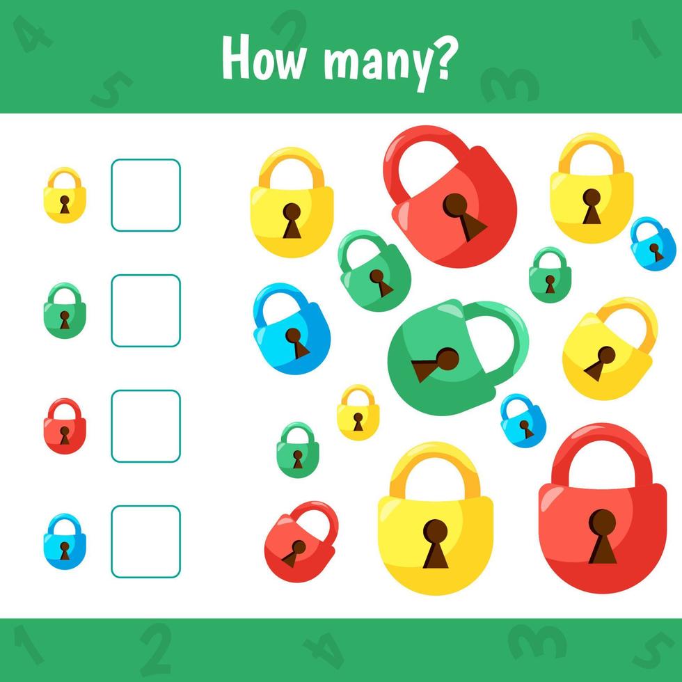 How many locks are there. Count the number and write. Math worksheet for kids. vector