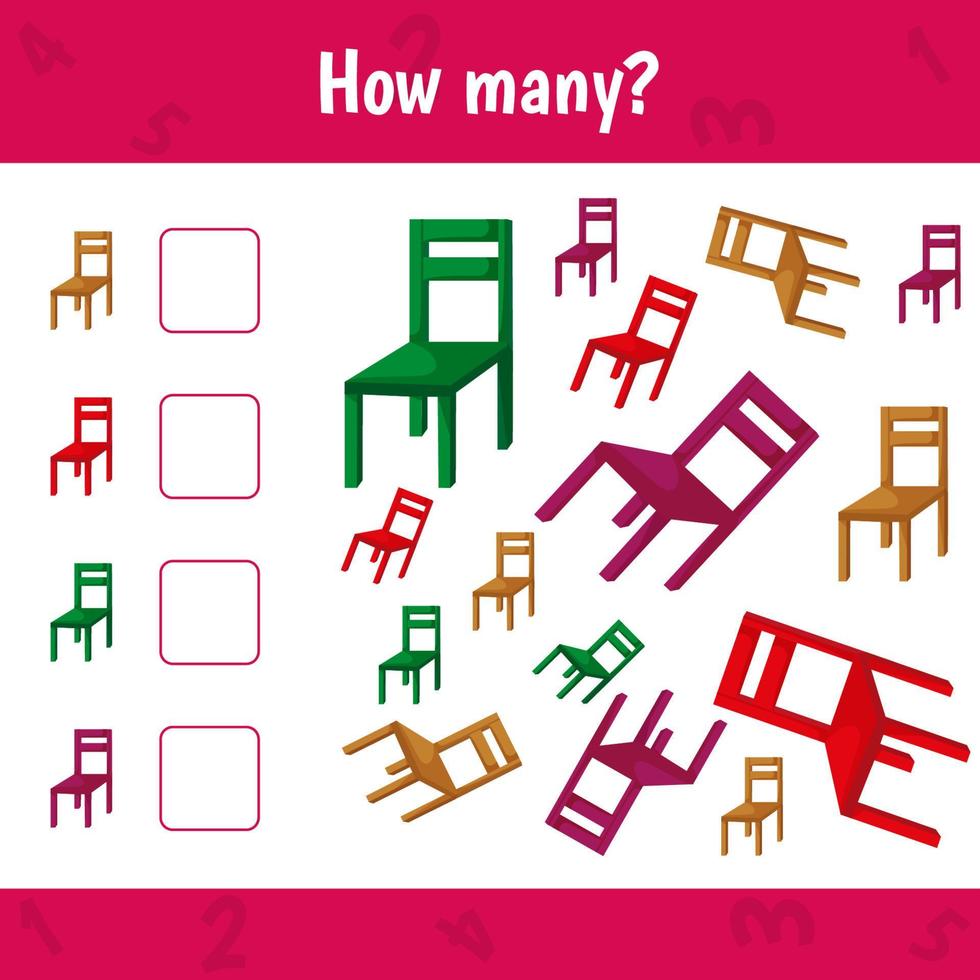 How many chairsare there. Count the number of furniture and write. Math