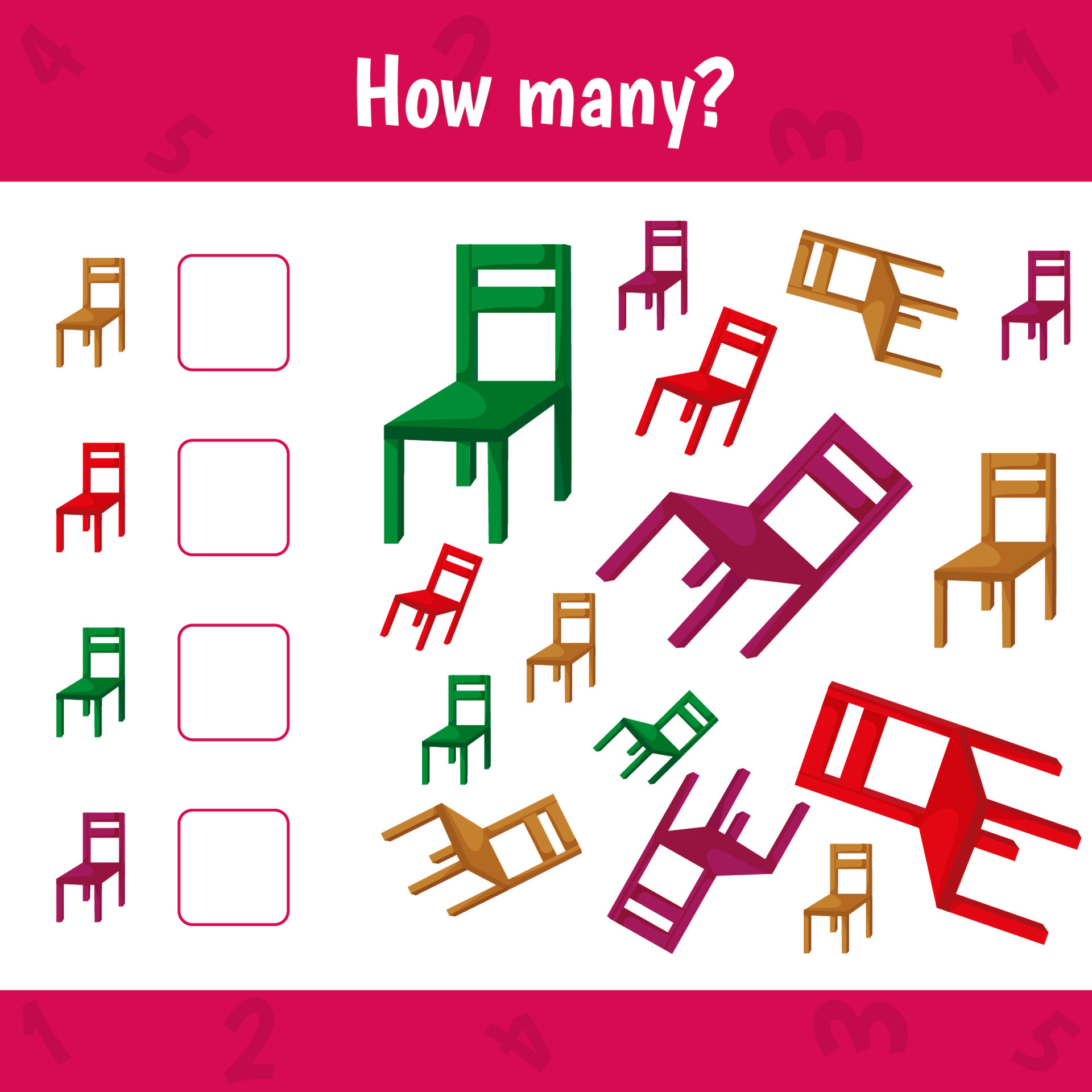 How many chairsare there. Count the number of furniture and write. Math worksheet for kids