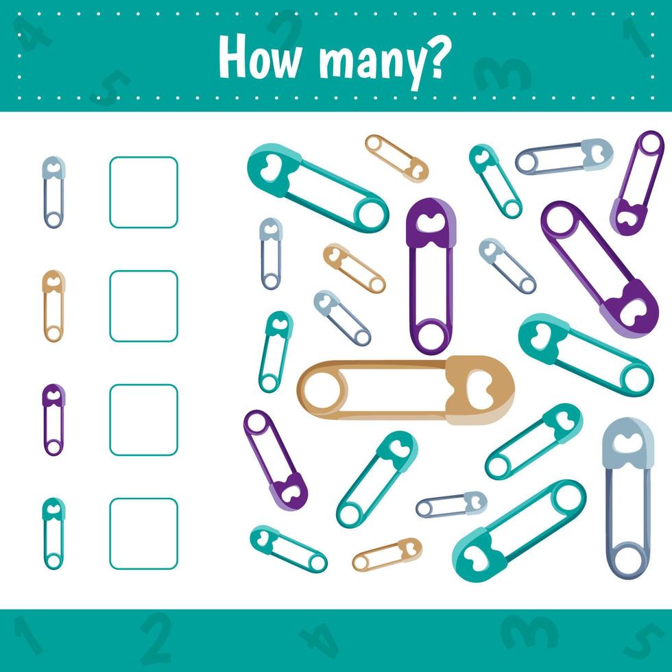 How many pins are there. Count the number and write. Math worksheet for kids. vector