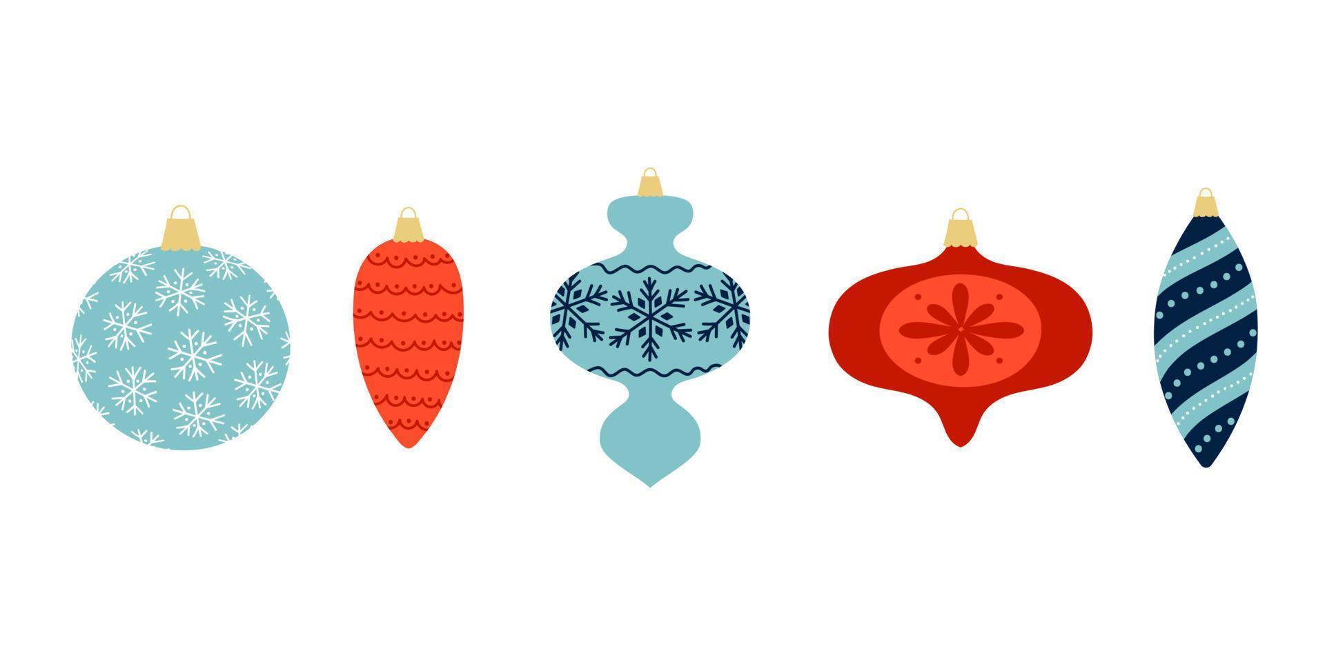 Set of colorful decorated Christmas balls of various shapes. Template for winter festive design. vector