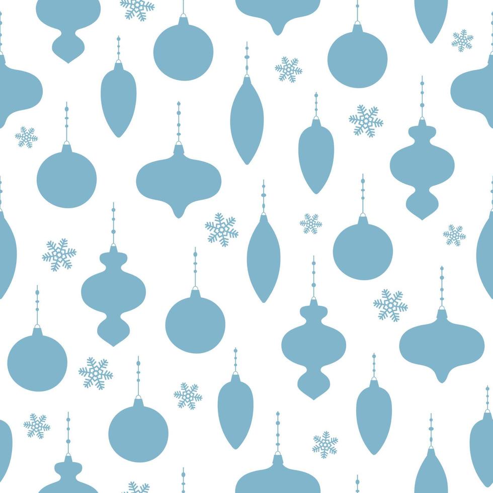 patrón sin costuras de decoración navideña azul sobre fondo blanco. decoración del árbol de navidad en diferentes formas. vector