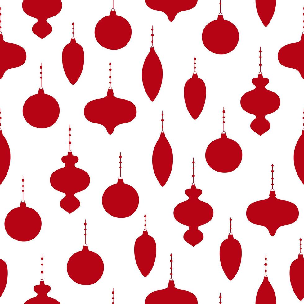 Seamless pattern of red Christmas decoration on white background. Christmas tree decoration in different shapes. vector