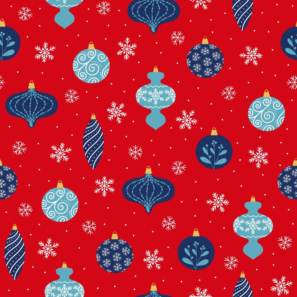 patrón sin costuras de decoración navideña azul y copos de nieve sobre fondo rojo. decoración del árbol de navidad en diferentes formas. vector