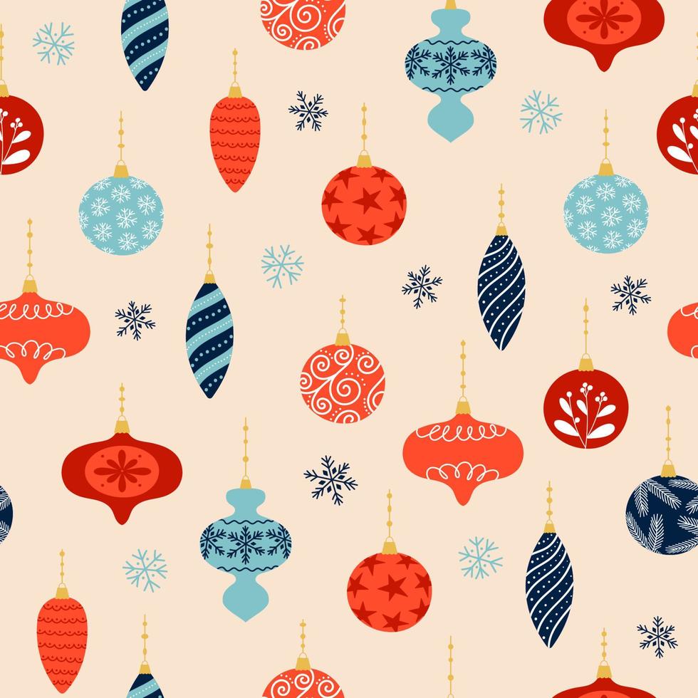 Seamless pattern of colorful Christmas decoration and snowflakes on pink background. Christmas tree decoration in different shapes. vector