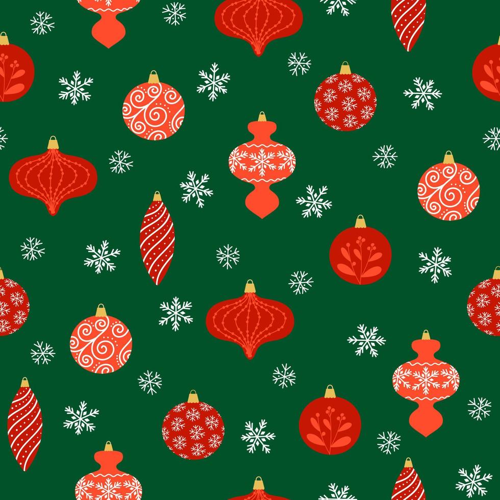 Seamless pattern of red Christmas decoration and snowflakes on green background. Christmas tree decoration in different shapes. vector