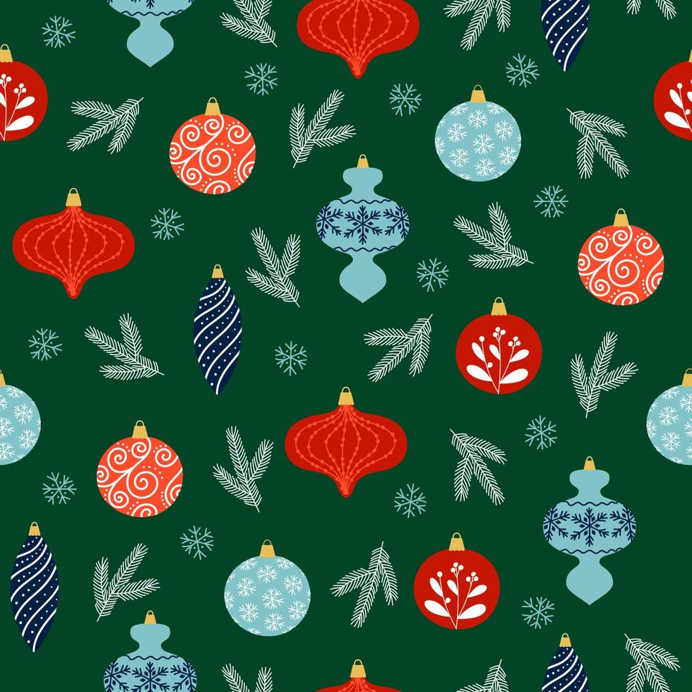 Seamless pattern of Christmas decoration and snowflakes on green background. Christmas tree decoration in different shapes. vector