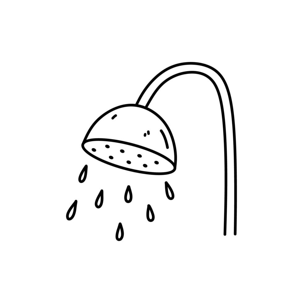 Shower head with water drops isolated on white background. Bathroom equipment. Vector hand-drawn illustration in doodle style. Perfect for decorations, logo, various designs.
