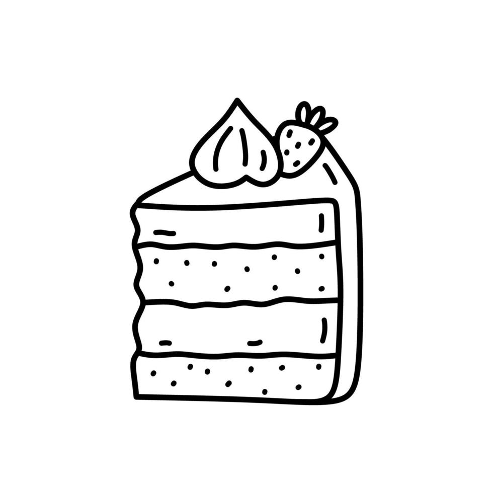 pedazo de pastel con fresa aislado sobre fondo blanco. lindo postre, comida dulce. ilustración vectorial dibujada a mano en estilo garabato. perfecto para varios diseños, tarjetas, decoraciones, logo, menú. vector