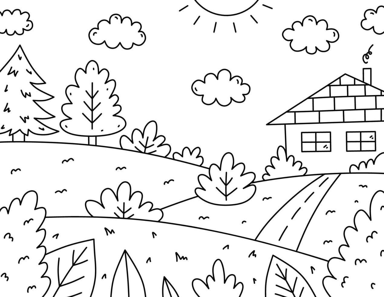 Cute kids coloring page. Landscape with house, trees, bushes, field and road. Vector hand-drawn illustration in doodle style. Cartoon coloring book for children.
