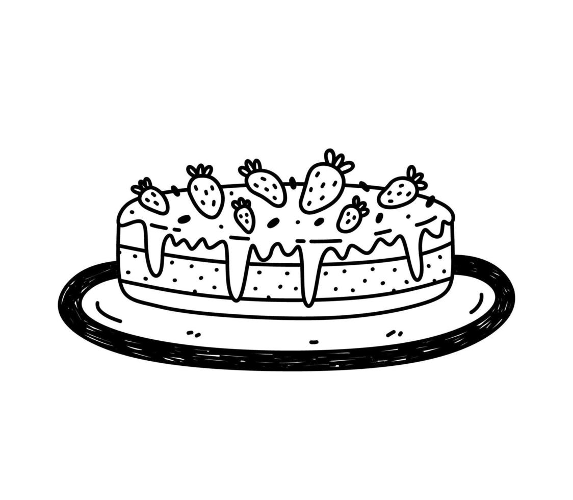 Cute cake with strawberries on a plate isolated on white background. Sweet food. Vector hand-drawn illustration in doodle style. Perfect for various designs, cards, decorations, logo, menu.