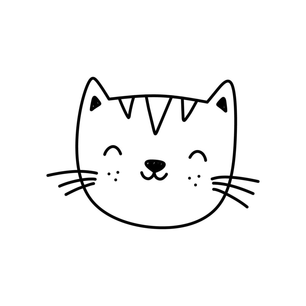 Cute cat face isolated on white background. Smiling kitten. Vector hand-drawn illustration in doodle style. Perfect for decorations, cards, logo, various designs. Simple cartoon character.